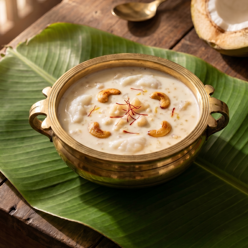 Bowl of Elaneer Payasam with cashews on a large green leaf, coconut half, and spoon on a wooden surface.