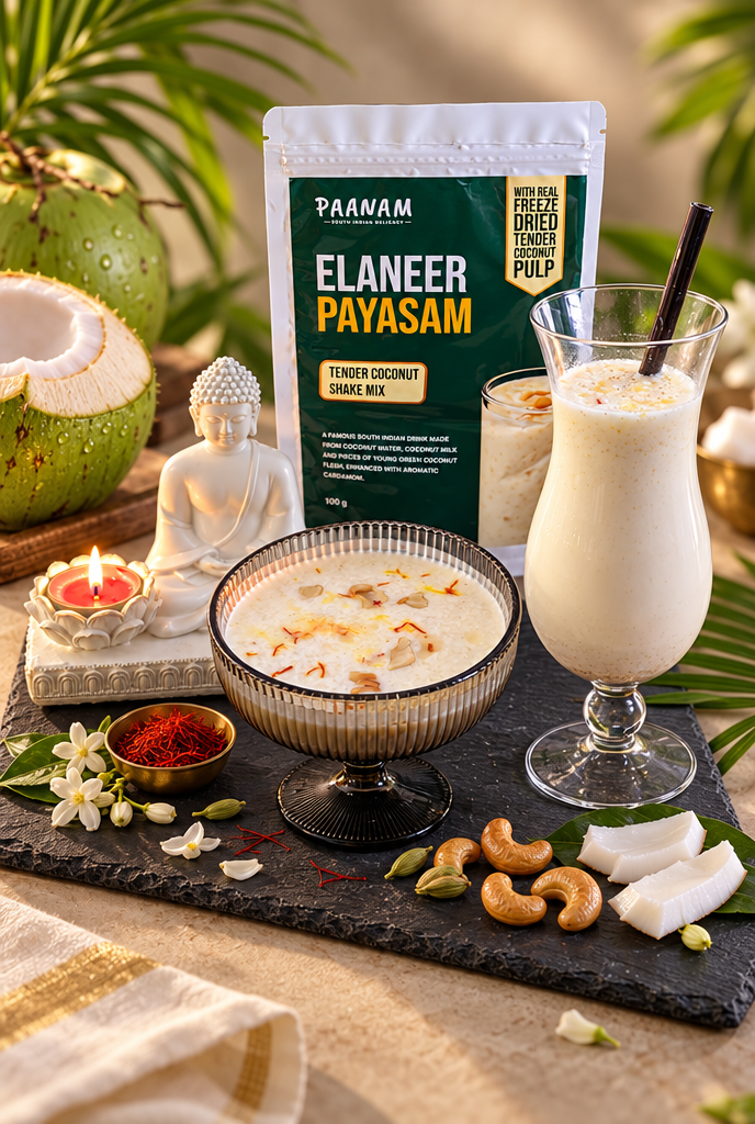 Chilled Elaneer Payasam tender coconut shake served in a glass with fresh coconut and cardamom
